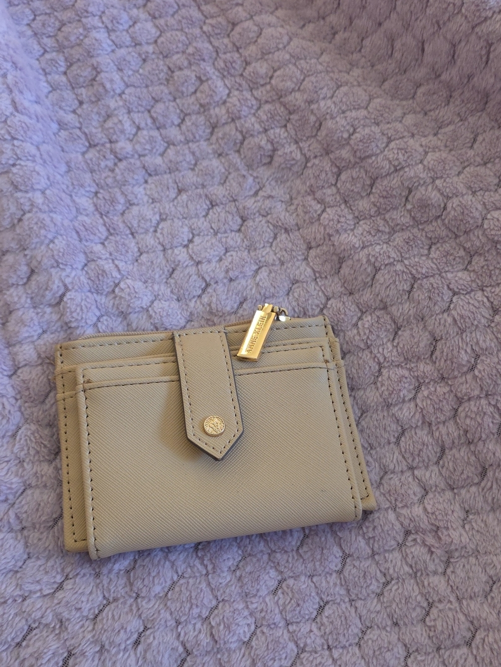 Anne Kline Neutral Light Taupe Compact Wallet with Gold Zip Pull